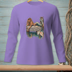 Lavender long-sleeve shirt with a mermaid graphic and text "Whatever Floats Your Boat".