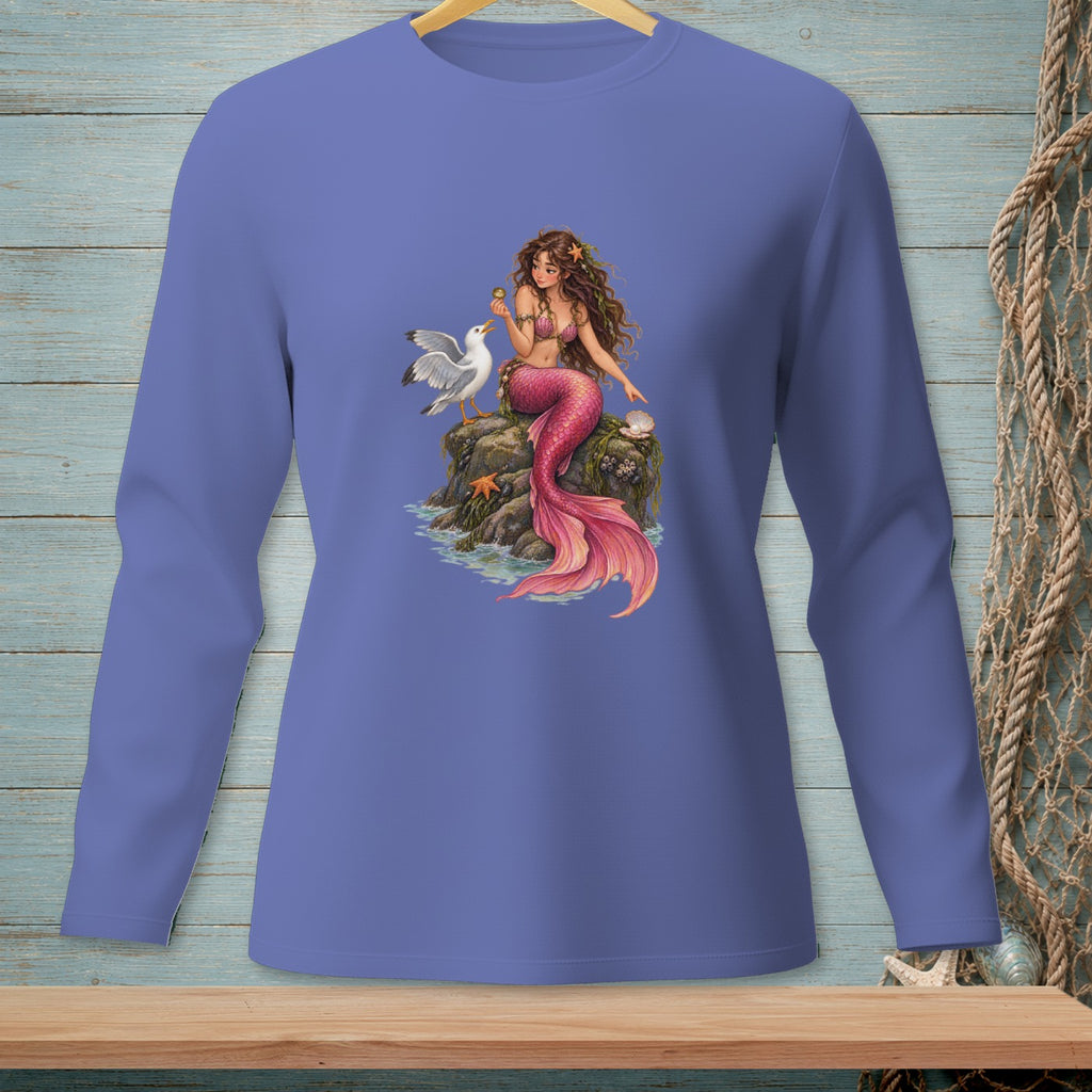 Mermaid on rock with a seashell and seagull, on a lavender long-sleeve shirt.