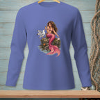 Mermaid on rock with a seashell and seagull, on a lavender long-sleeve shirt.