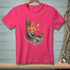 A mermaid with a seashell sits by a dock with a crab nearby.