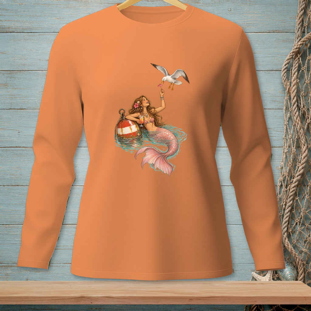 Orange long sleeve shirt with a mermaid and seagull graphic.