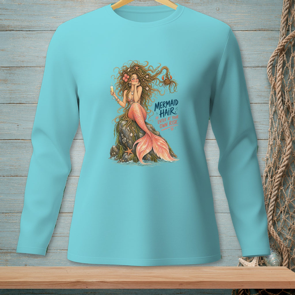 Long sleeve teal shirt with mermaid graphic and text "MERMAID HAIR ENTER AT YOUR OWN RISK".