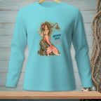 Long sleeve teal shirt with mermaid graphic and text "MERMAID HAIR ENTER AT YOUR OWN RISK".