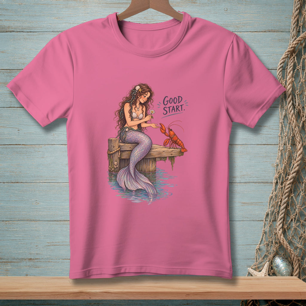 Pink t-shirt with mermaid offering flower to lobster, text reads "Good Start."