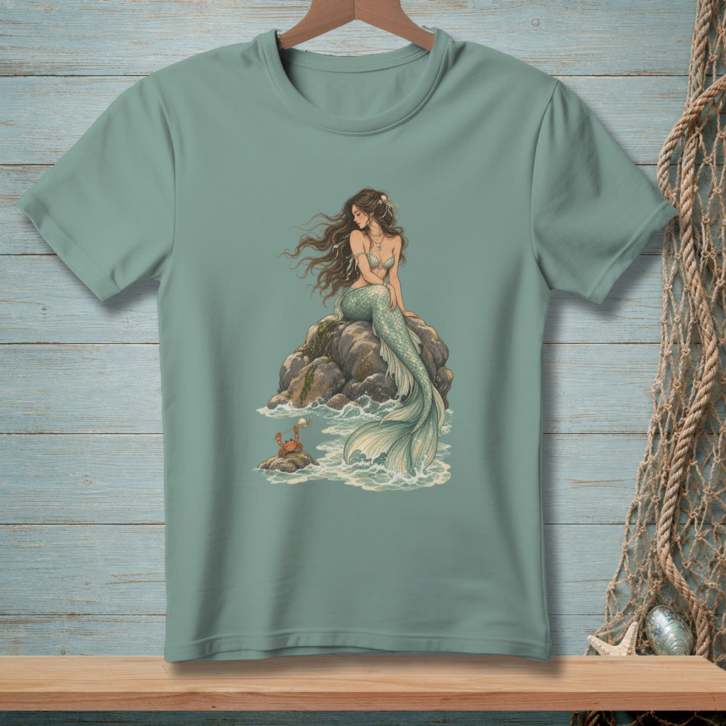 Mermaid sitting on rocks with a crab in the waves.