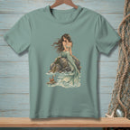 Mermaid sitting on rocks with a crab in the waves.