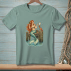 Mermaid with long red hair and crab on a wooden pier, looking in a hand mirror.
