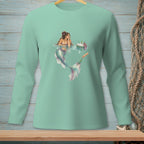 Mint long sleeve shirt with a graphic of a mermaid receiving a bottle from a hand.