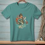 Mermaid with octopus and crab on a rock in the ocean.