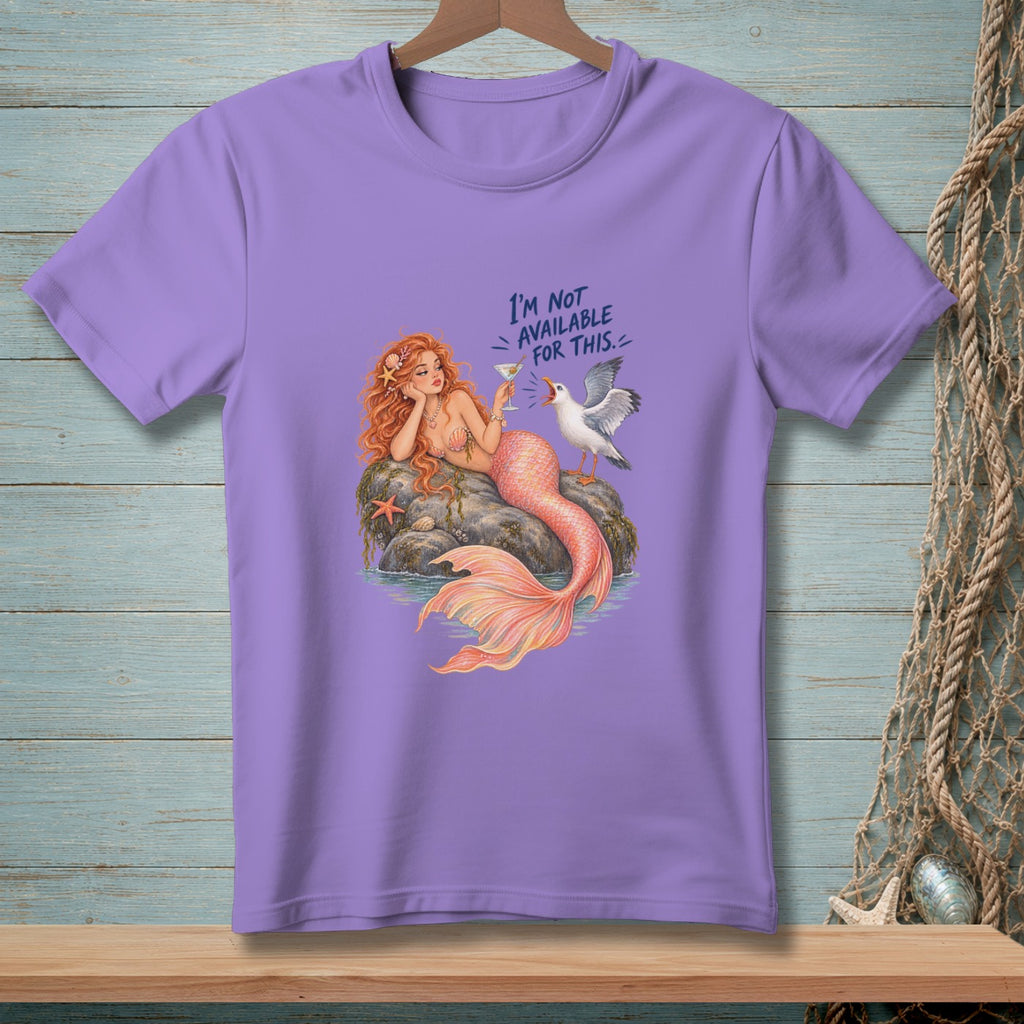 Mermaid with drink and seagull, text "I'm not available for this."