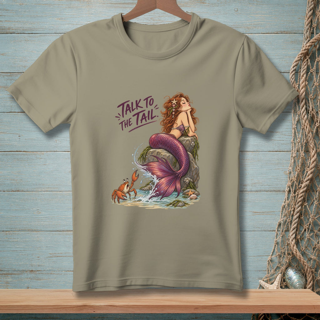 T-shirt graphic with mermaid, crab, and text "Talk to the Tail."