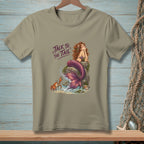 T-shirt graphic with mermaid, crab, and text "Talk to the Tail."