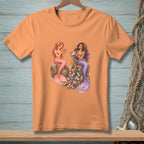 Two mermaids sitting on rocks surrounded by scattered trash and seashells.