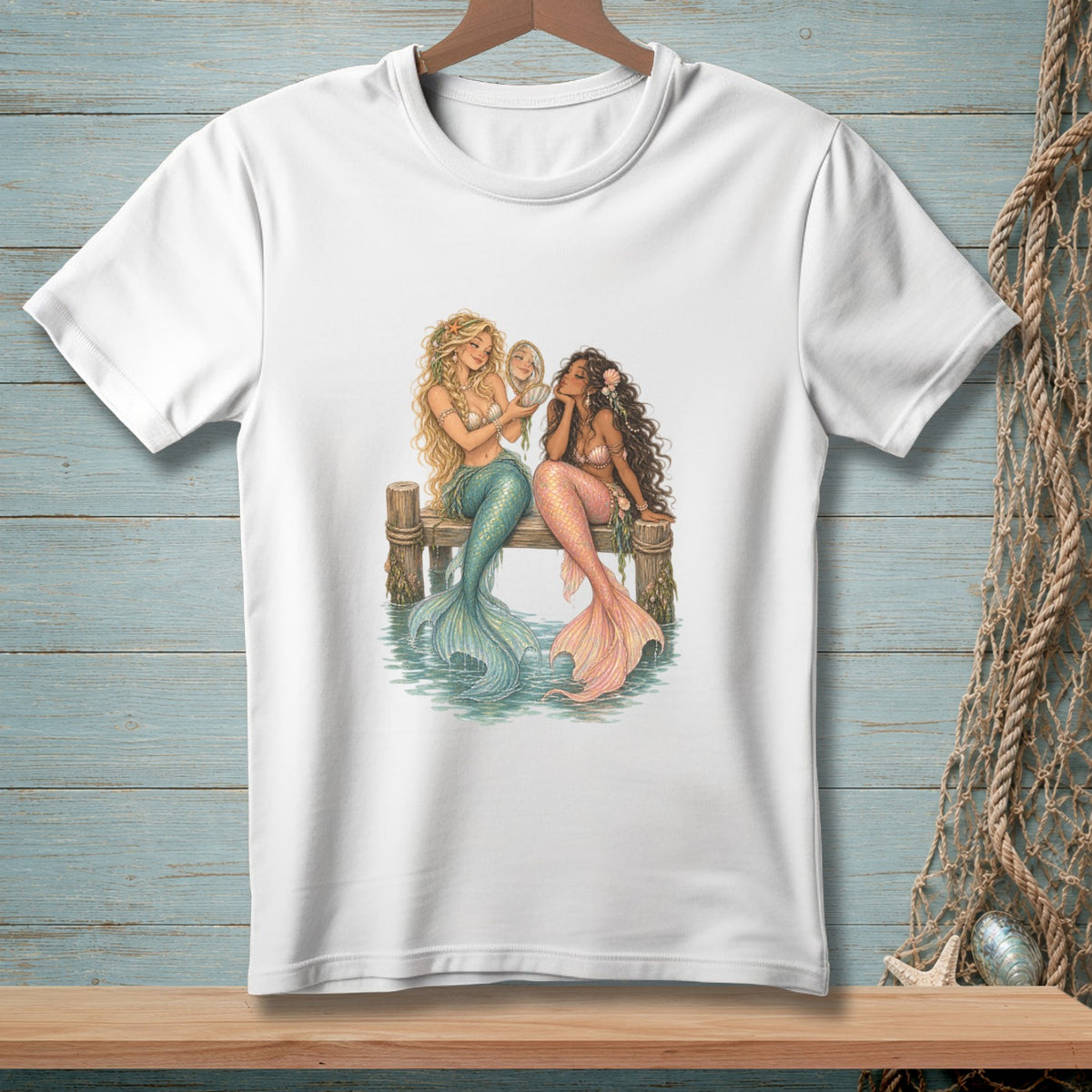Two mermaids with tails sit on a wooden dock, one holding a mirror.