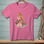 Pink t-shirt featuring a mermaid sitting on rocks with a crab nearby.