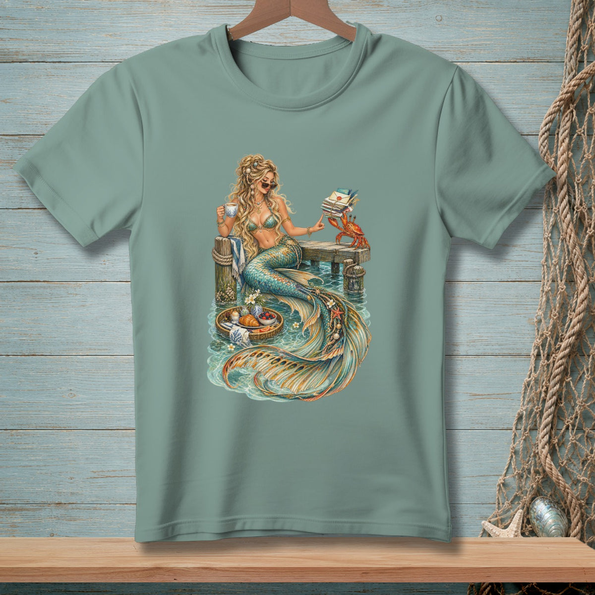 Mermaid on pier with coffee, crab holding letters, and fruit basket.