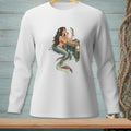 Illustration of a mermaid applying makeup with a fish on a pier.