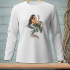 Illustration of a mermaid applying makeup with a fish on a pier.