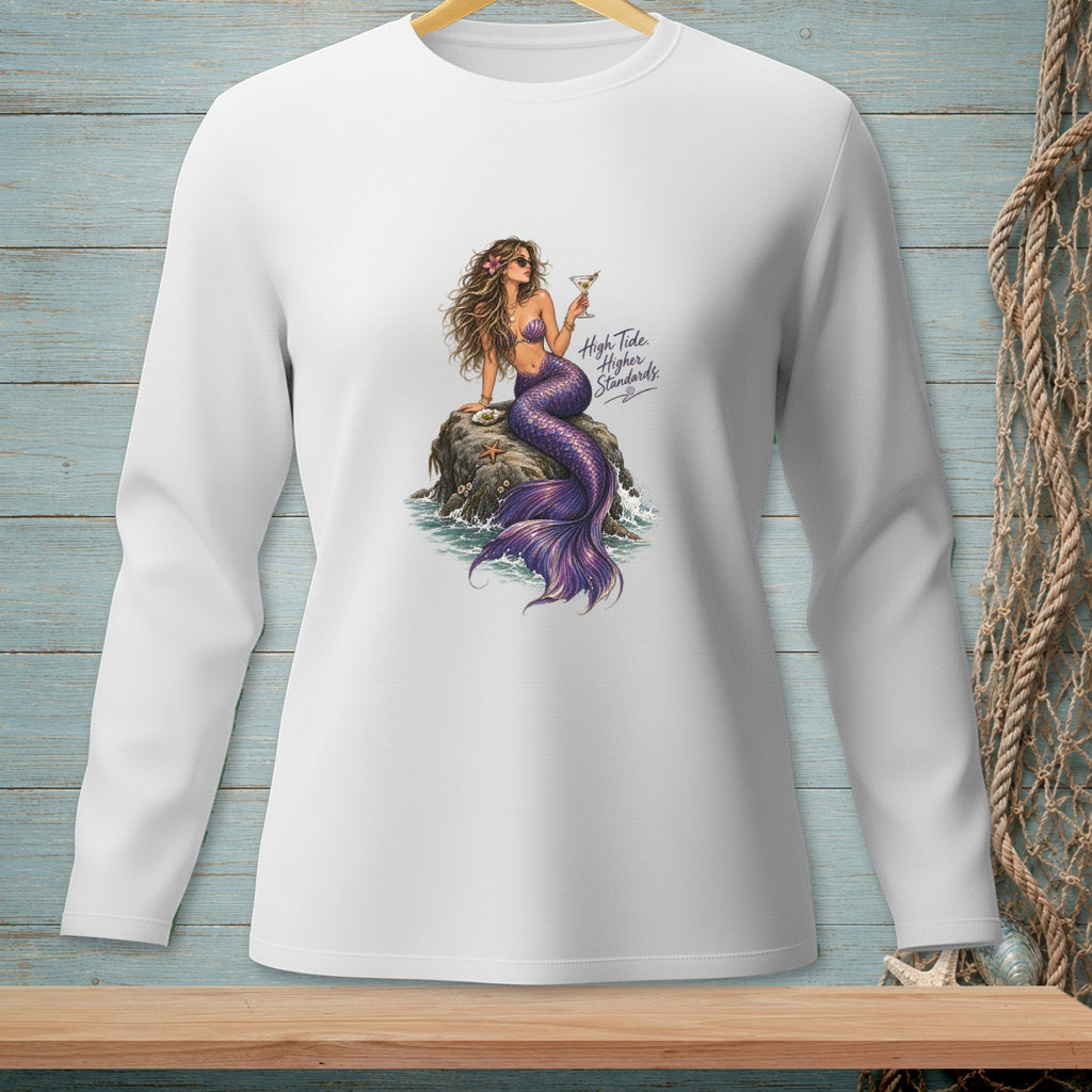 White long sleeve shirt with a mermaid graphic and text "High Tide. Higher Standards."