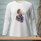 White long sleeve shirt with a mermaid graphic and text "High Tide. Higher Standards."