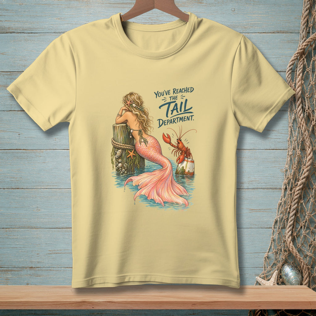 Yellow t-shirt with mermaid and lobster graphic reading "You've reached the Tail Department."