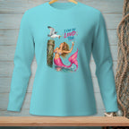 Turquoise long-sleeve shirt with a mermaid holding a martini and a seagull on a post.