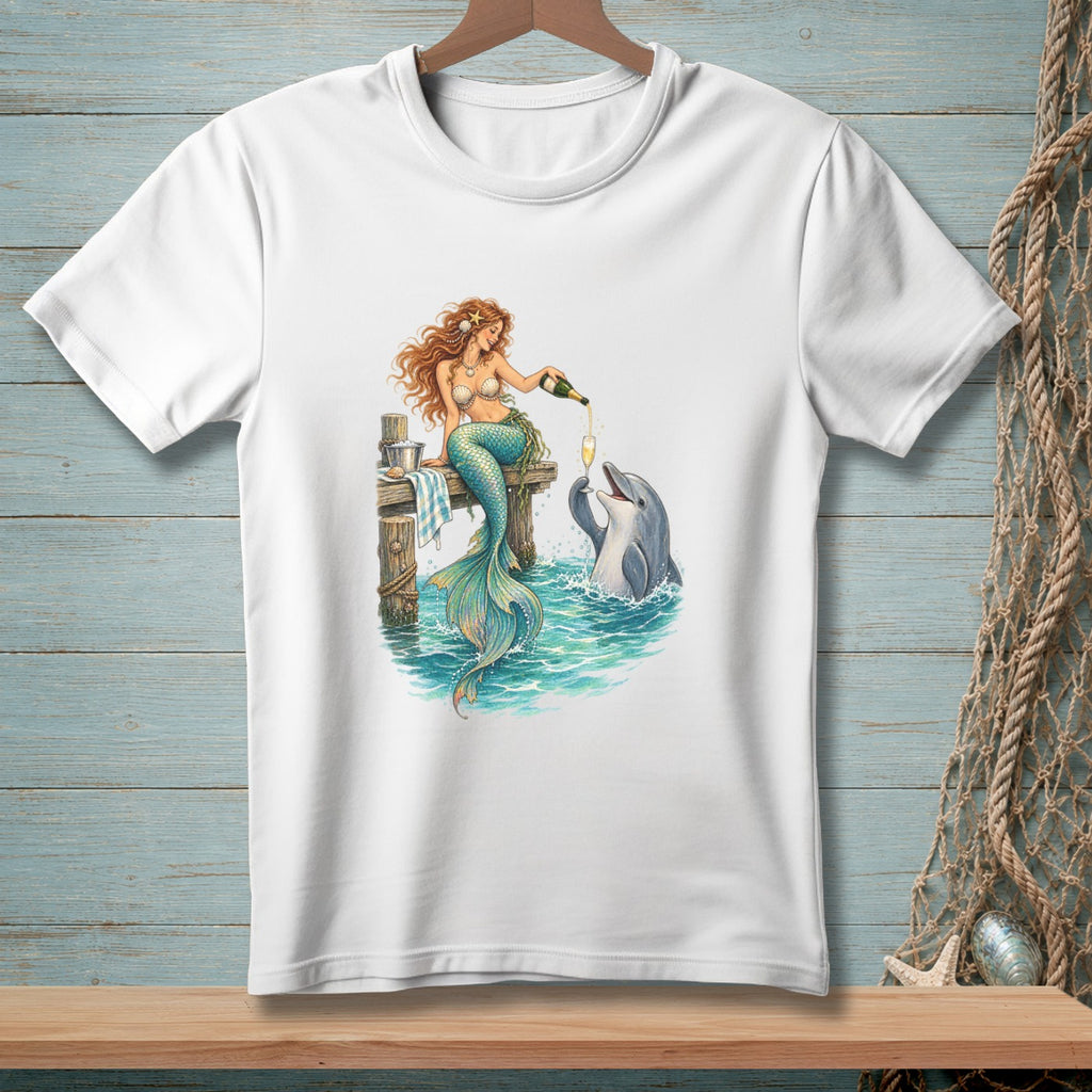 Mermaid pouring champagne for a dolphin on a dock.