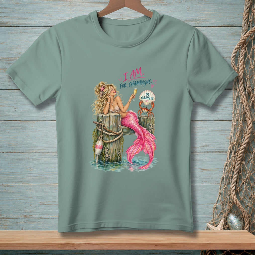 Mermaid holding champagne glass with text "I Am For Champagne" and "Be Grateful".