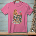Illustration of a mermaid holding coffee and books on a pier with a crab.