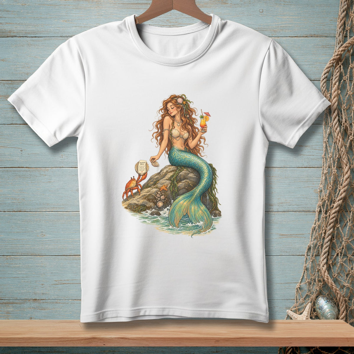 White t-shirt with a graphic of a mermaid on a rock holding a drink and a crab nearby.
