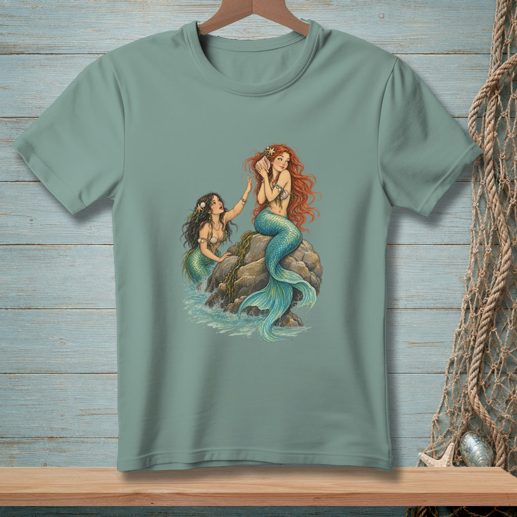 Two mermaids sit on rocks near the ocean, one holding a seashell to her ear.