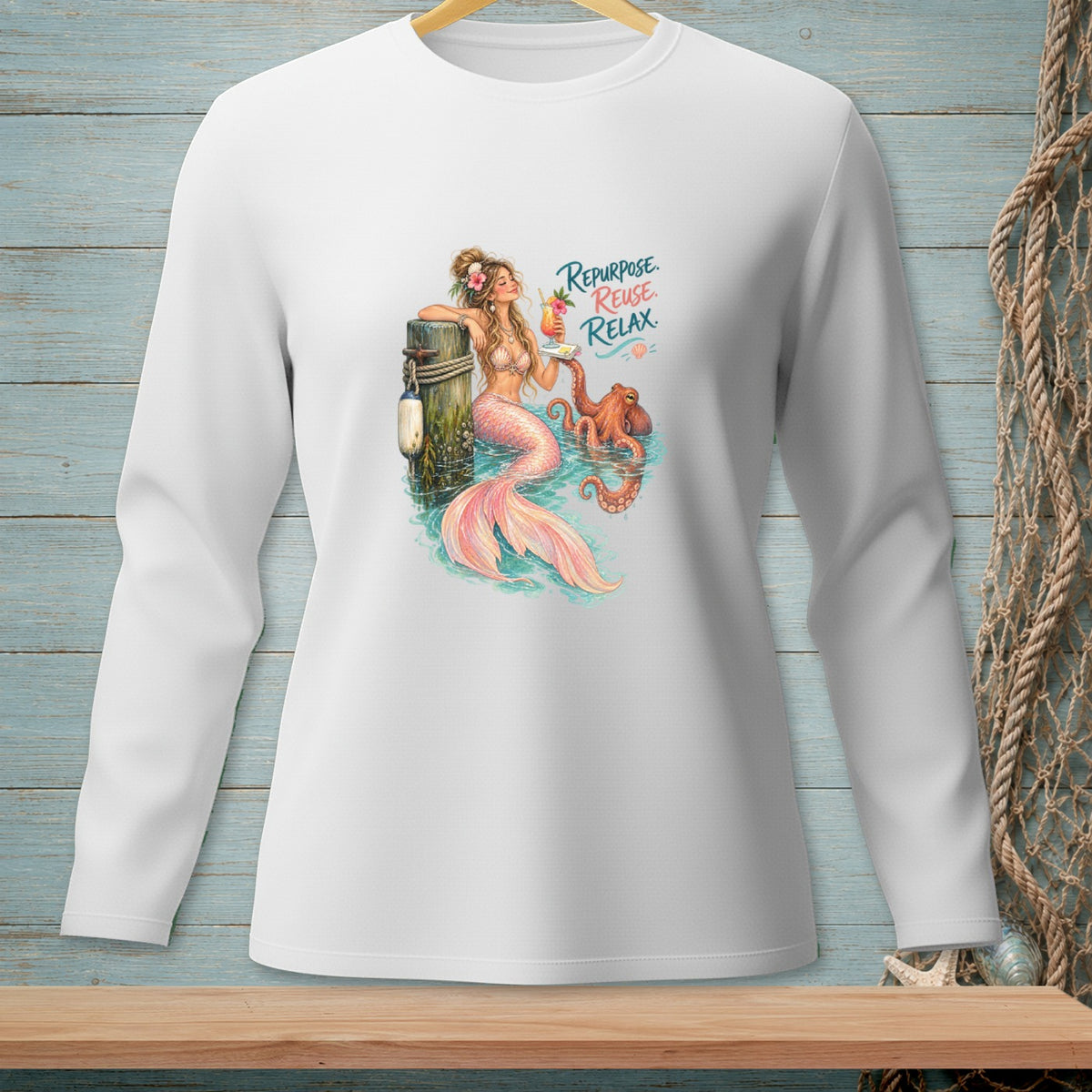 Mermaid holding a cocktail by a post with an octopus, text "Repurpose. Reuse. Relax."