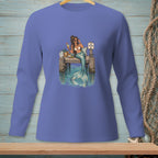Illustration of a mermaid sitting on a dock with a drink and a "No Loitering" sign.