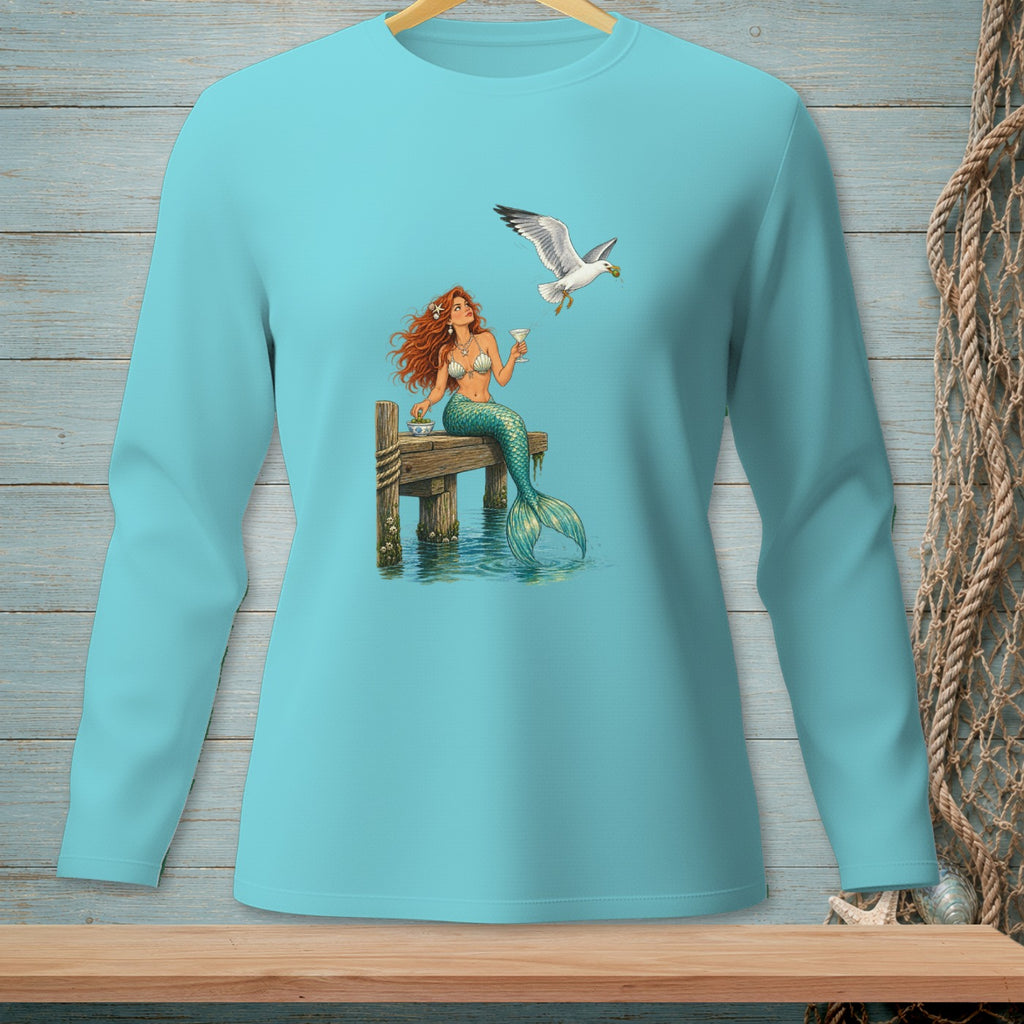 Mermaid and seagull on a dock with a martini and a drink.
