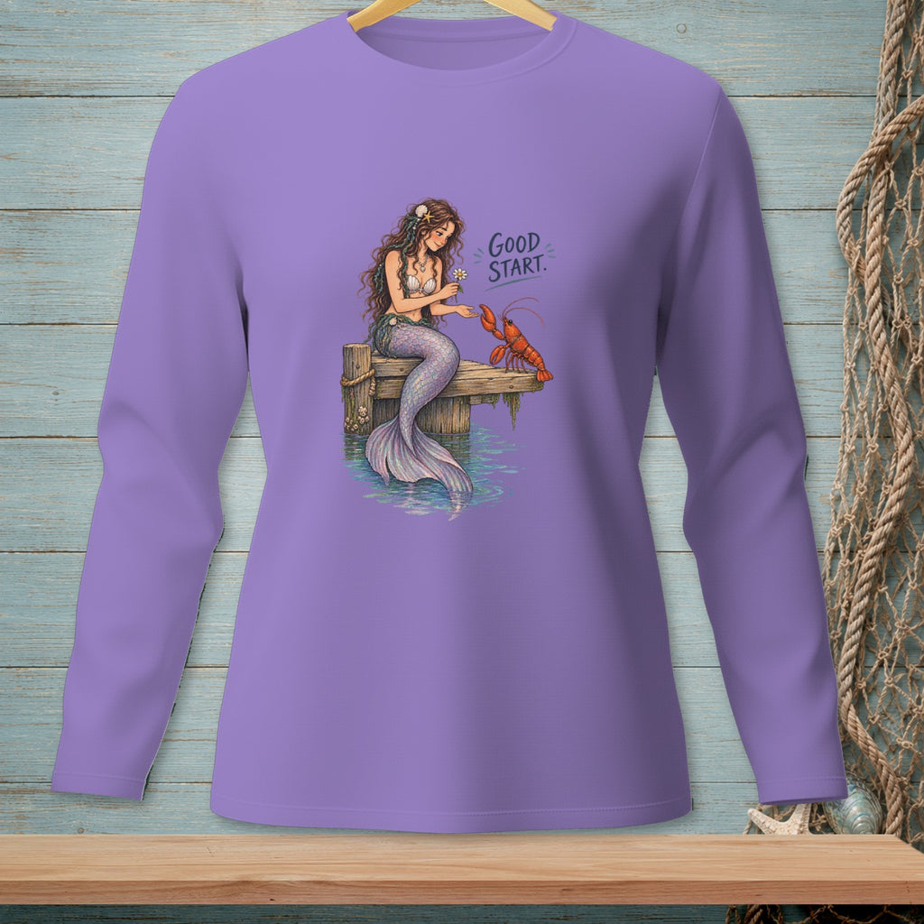 Purple long-sleeve shirt with a mermaid and lobster illustration saying "Good Start."