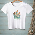White t-shirt with a graphic of mermaids celebrating in a bathtub.