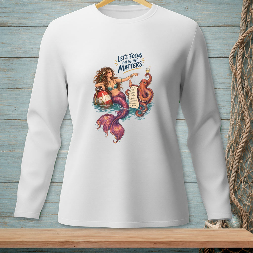 Mermaid and octopus with a to-do list and "Let's Focus on What Matters" text.