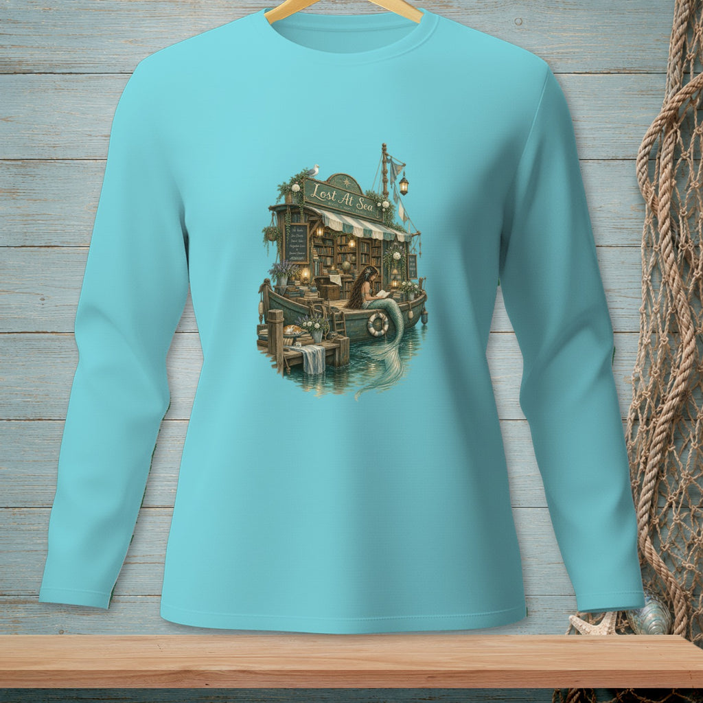Turquoise long-sleeve shirt with a "Lost At Sea" illustration of a mermaid reading on a boat bookstore.