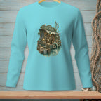Turquoise long-sleeve shirt with a "Lost At Sea" illustration of a mermaid reading on a boat bookstore.
