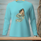 Light blue long-sleeved shirt with a graphic of a mermaid and pufferfish.
