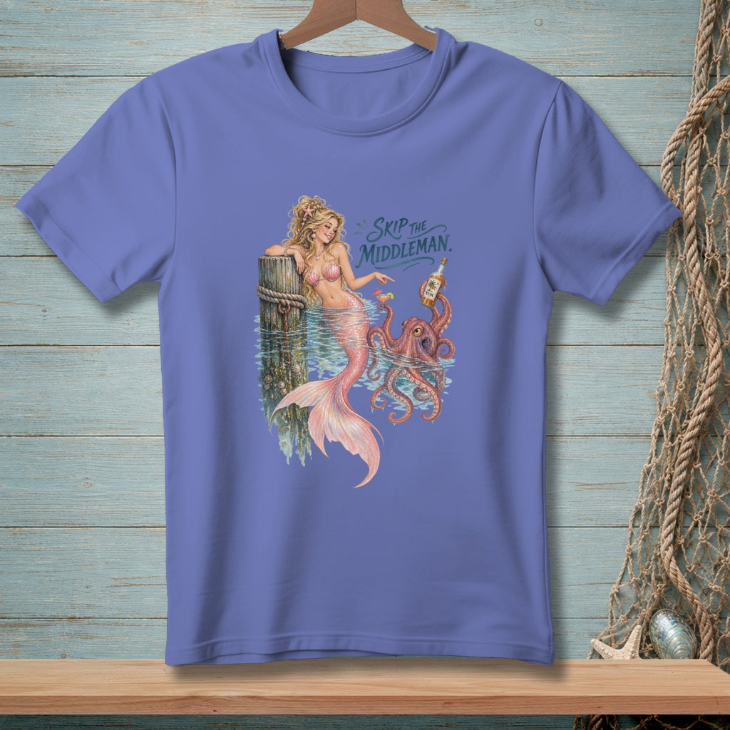 Purple t-shirt with a mermaid, octopus, and rum bottle graphic reading "SKIP THE MIDDLEMAN."