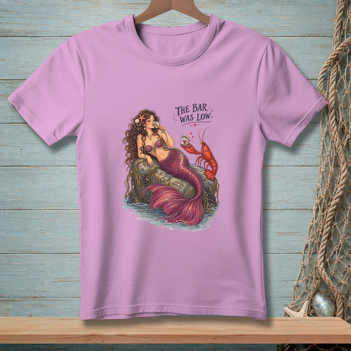 Mermaid with lobster and text "The Bar Was Low."