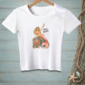 White t-shirt with illustration of a mermaid and crab, text "MINE'S BIGGER."