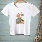 White t-shirt with illustration of a mermaid and crab, text "MINE'S BIGGER."
