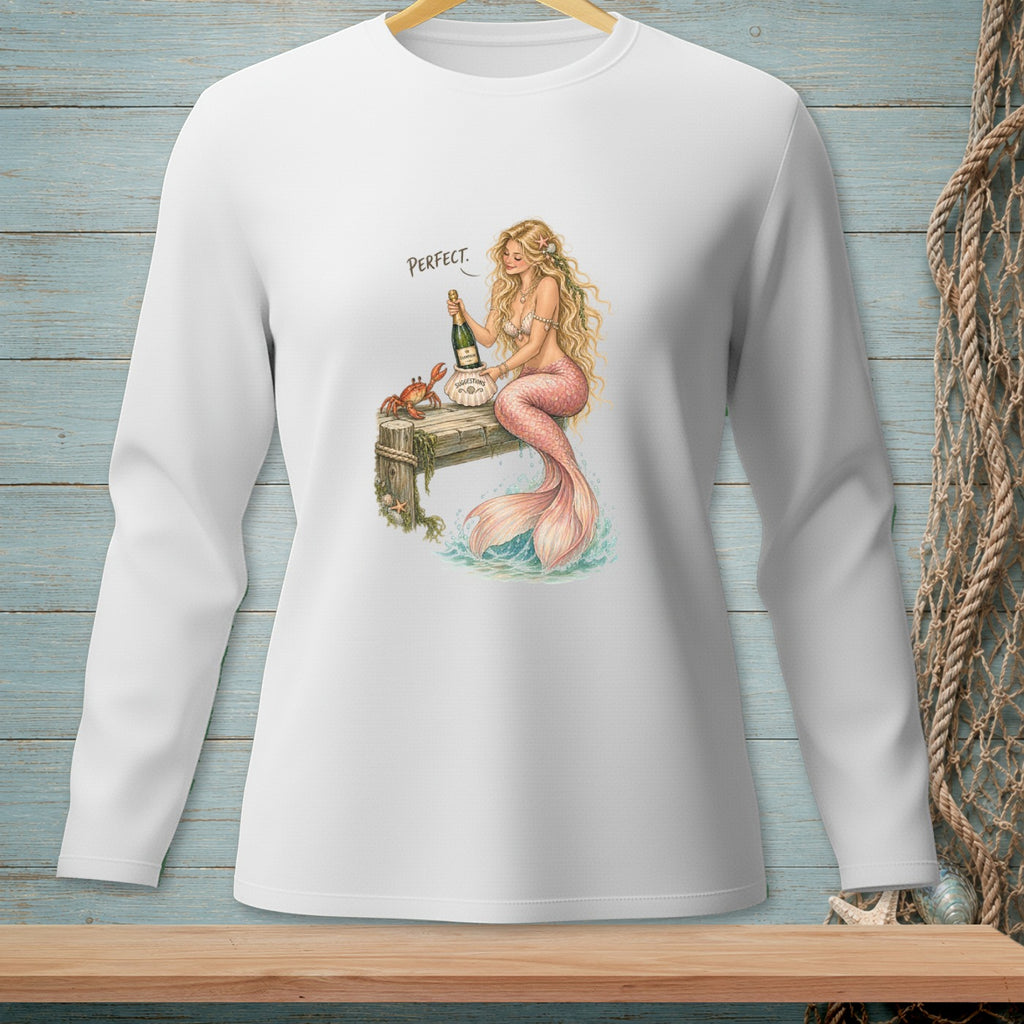 Mermaid opening champagne on dock, with crab, text "PERFECT."