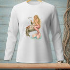 Mermaid opening champagne on dock, with crab, text "PERFECT."