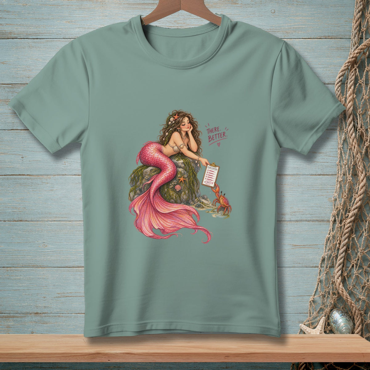 Mermaid on a rock holding a clipboard, text "THERE. BETTER."
