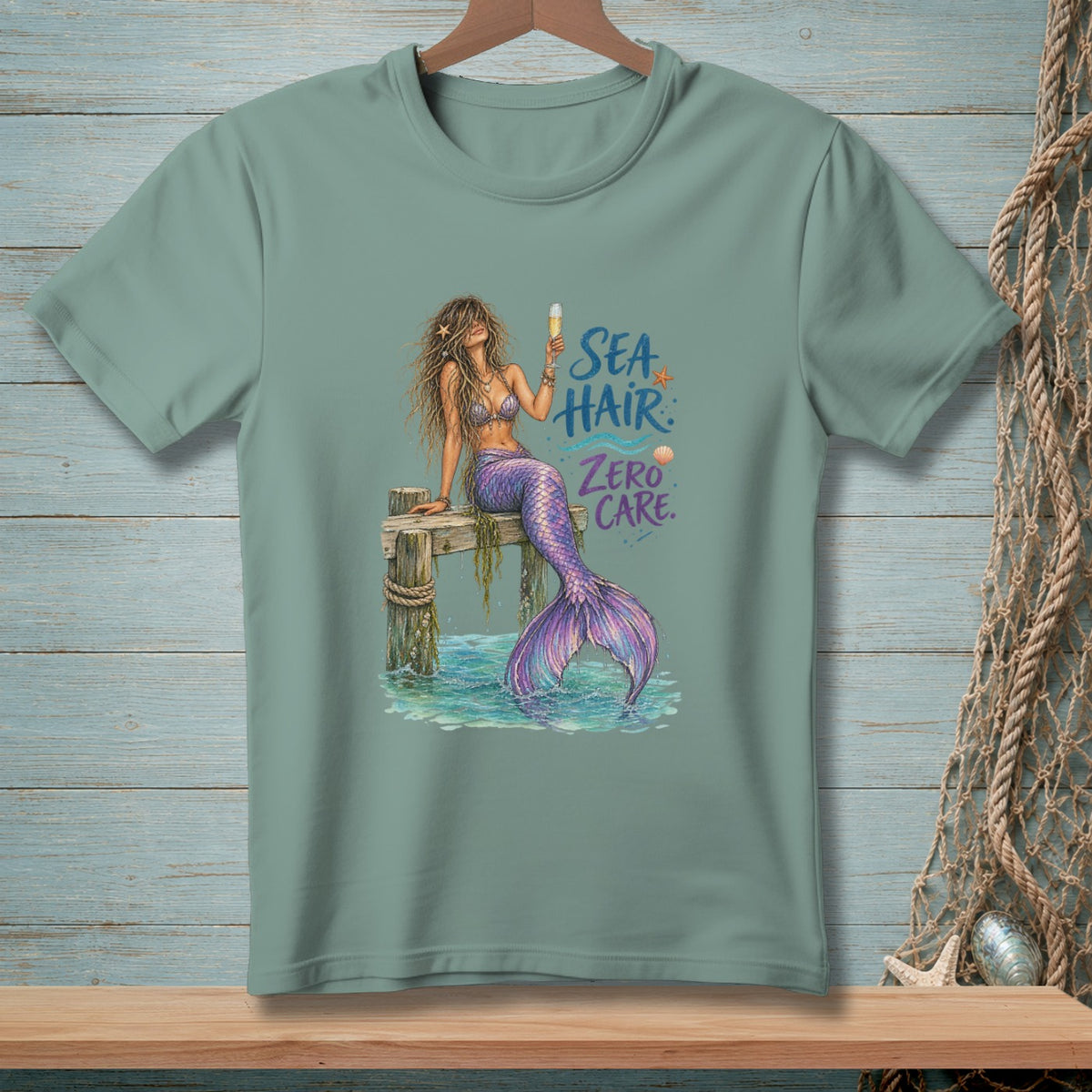 Mermaid with purple tail sitting on dock, holding champagne, text "Sea Hair Zero Care."