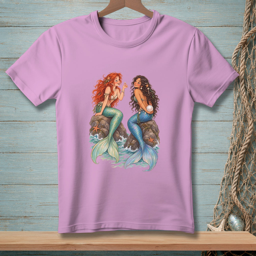 Two mermaids with colorful tails sit on rocks, one holding a pearl.