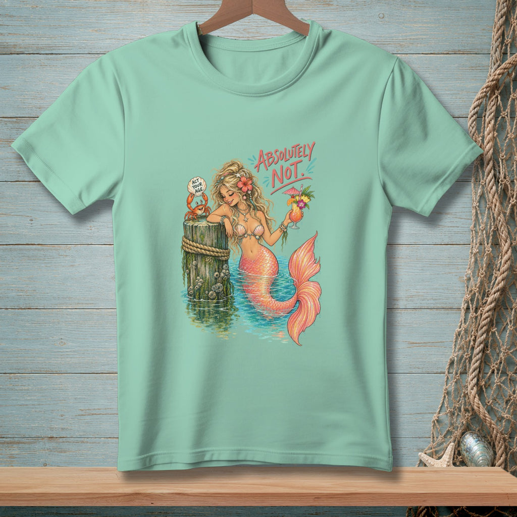 Mint t-shirt with a graphic of a mermaid holding a drink, with a crab and text.